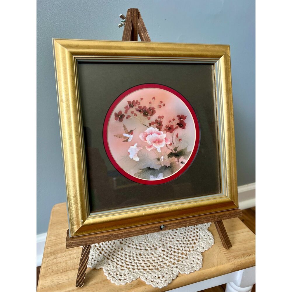 Vintage Signed Johnny Lung Floral Hummingbird Print 9.5in X 9.5in Asian Inspired